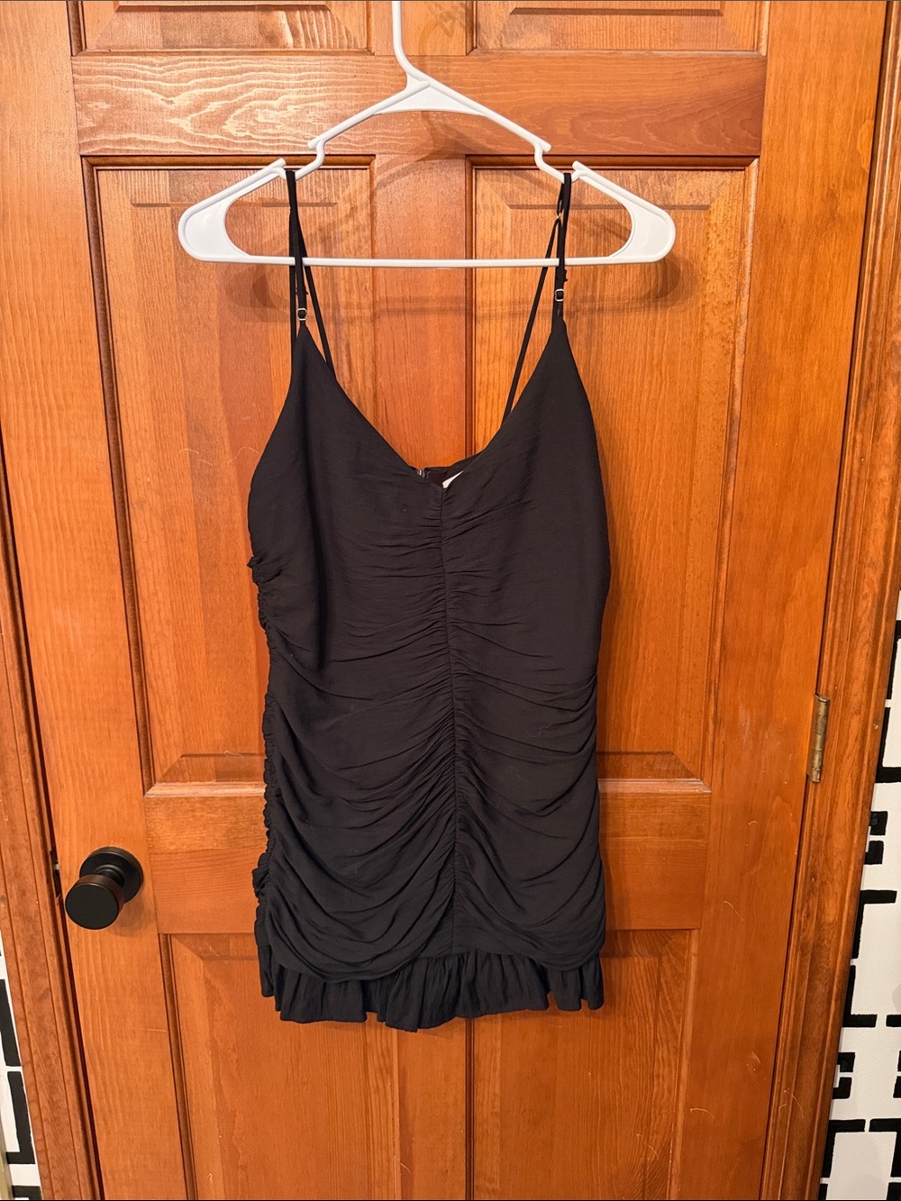 Elodie Black Ruched Spaghetti Strap Mini Dress